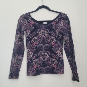 Y2k Grunge Witchy Purple Rose Print Scoop Neck Top Size S